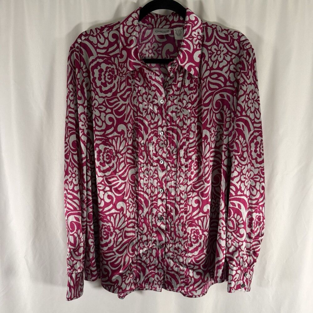 Chico's Satin Blouse Women's XL Pink Floral Button Up Collared Long Sleeve